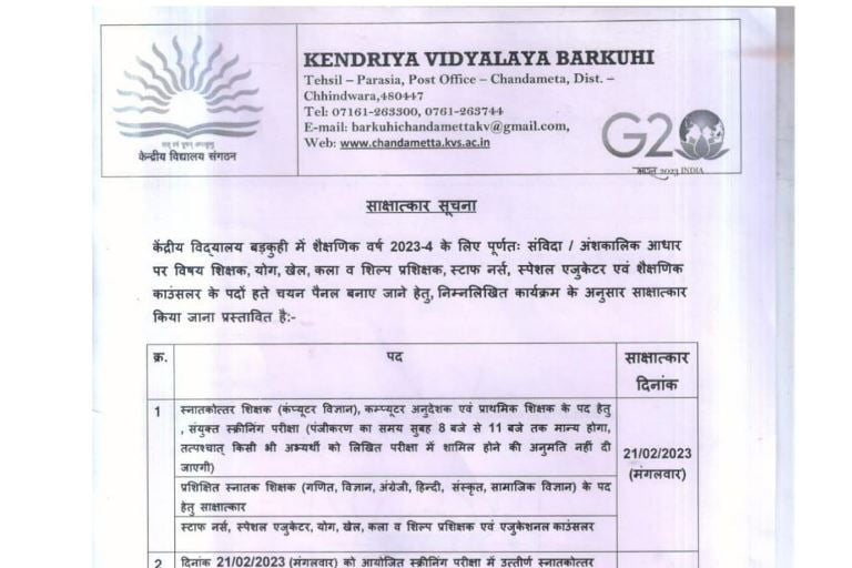 MP KVS Barkuhi Chhindwara Recruitment 2023